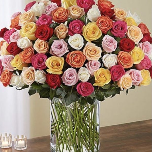 100 Premium Long Stem Multicolored Roses by local florist Where The Blooms Are In Levittown PA. Servicing Langhorne