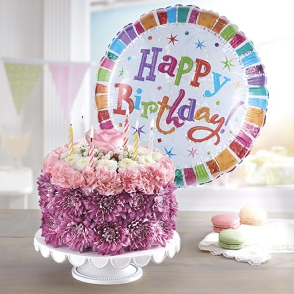 Birthday Wishes Flower Cake ™ Pastel With Balloon by local florist Where The Blooms Are In Levittown PA. Servicing Langhorne