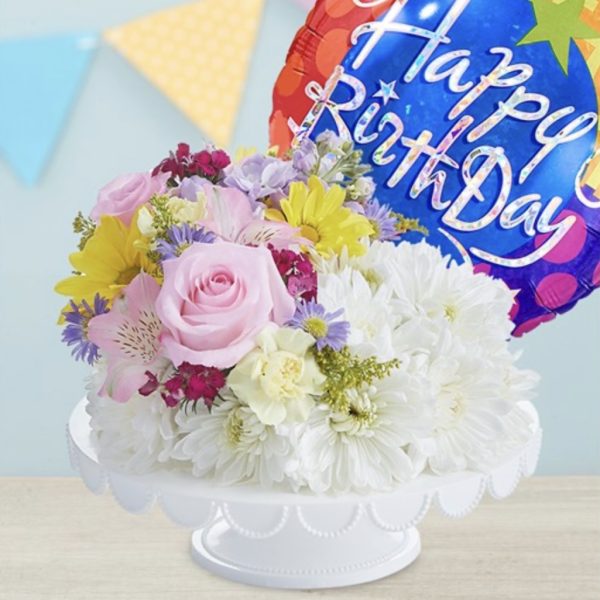 Birthday Wishes Flower Cake® Cheerful Cascade(Tm) With Balloon by local florist Where The Blooms Are In Levittown PA. Servicing Langhorne