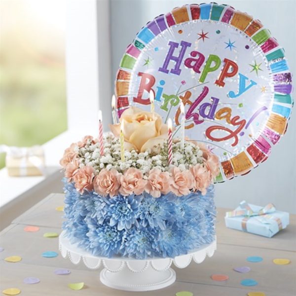 Birthday Wishes Flower Cake™ Coastal - Large With Balloon by local florist Where The Blooms Are In Levittown PA. Servicing Langhorne