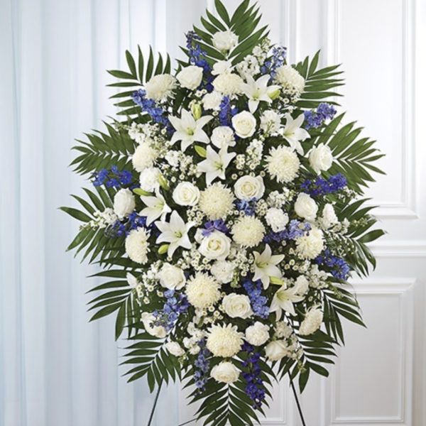 Blue & White Sympathy Standing Spray - Large by local florist Where The Blooms Are In Levittown PA. Servicing Langhorne