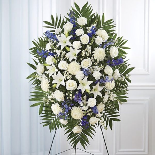 Blue & White Sympathy Standing Spray - Medium by local florist Where The Blooms Are In Levittown PA. Servicing Langhorne