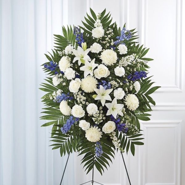 Blue & White Sympathy Standing Spray - Small by local florist Where The Blooms Are In Levittown PA. Servicing Langhorne