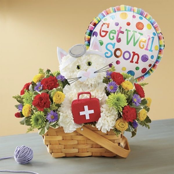 Cure-All Kitty™ With Balloon by local florist Where The Blooms Are In Levittown PA. Servicing Langhorne