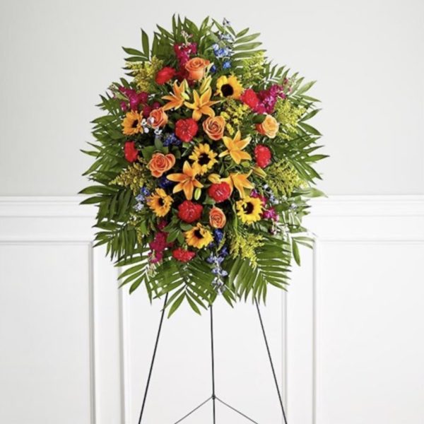 Vibrant Funeral Standing Spray - Small by local florist Where The Blooms Are In Levittown PA. Servicing Langhorne